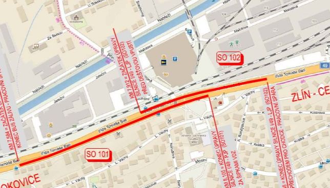Oprava silnice I/49 ve Zlíně - Prštném v křižovatce u Albertu - mapa